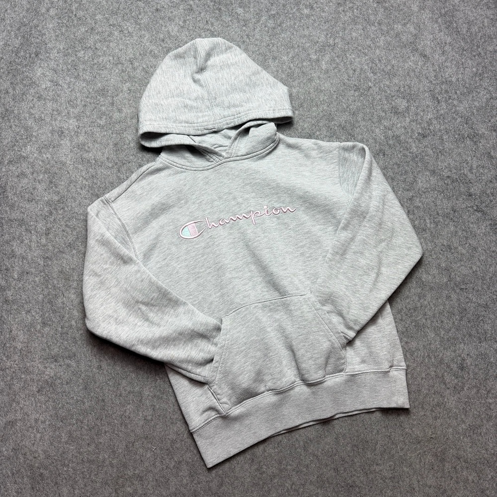 Champion Hoodie Mens Medium Gray Front Script Logo Embroidered Fleece Sweatshirt